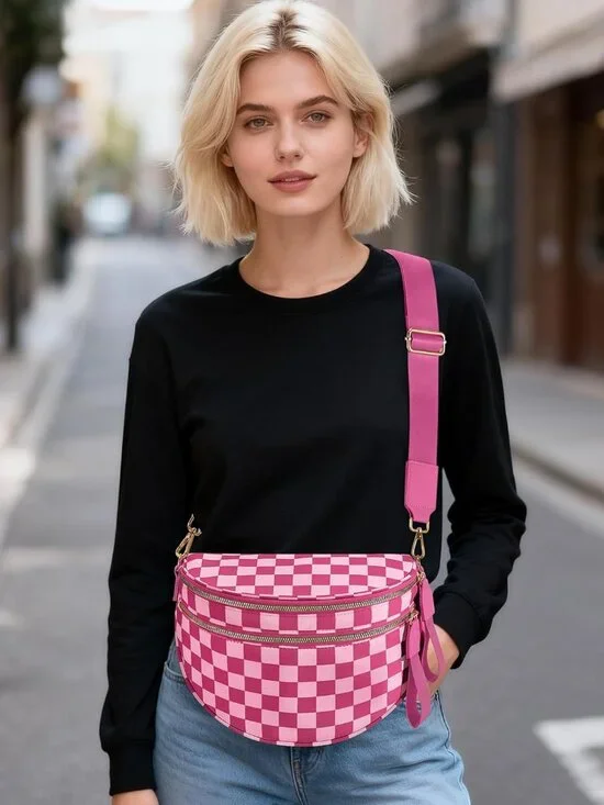 Women's Rose Bum Bag Spacious Nylon Checkered Shoulder Crossbody Bag - Picture 2 of 6